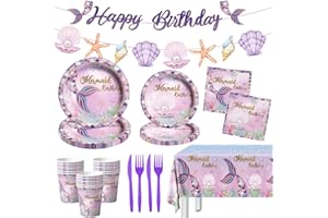 GREHUMOR 142 Pcs Mermaid Party Supplies Mermaid Birthday Party Tableware Set for Girls little Mermaid Under the Sea Theme Party Decorations Favors Including Banner Plates Cups Napkins Tablecloth Knife and Fork