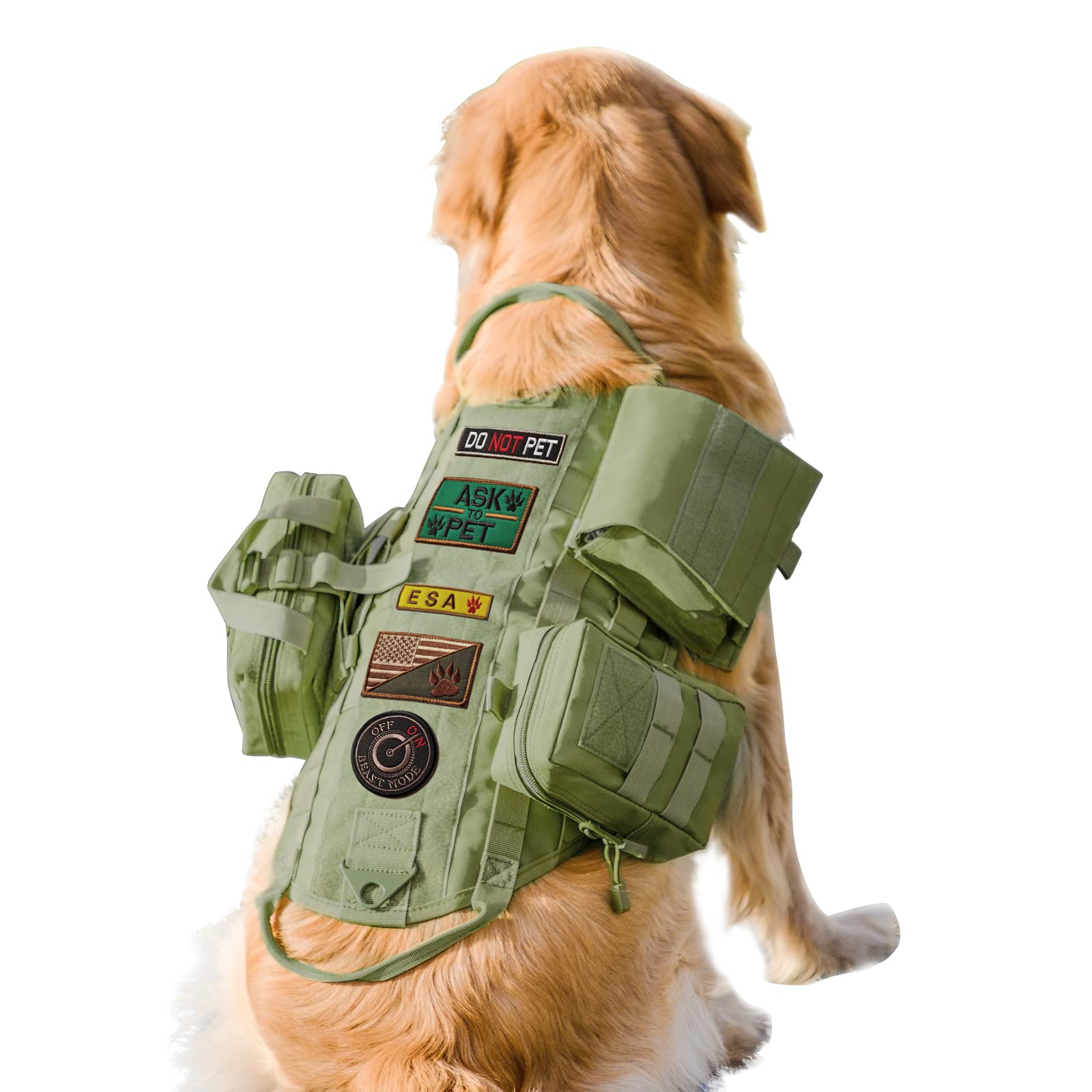 AIWAI Tactical Dog Harness with Pockets, No-Pull Adjustable Vest for Large & Medium Dogs, Reflective Service Dog Harness with Handle & Hook for Hiking, Training & Walking (Army Green, XL)