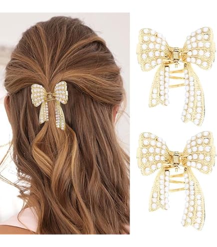 Amazon.com: Banatra Pearl Claw Clips Gold Bow Hair Clips  display picture 2