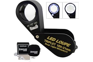 DANOPLUS 10x Magnifier Jewelry Loupe LED UV 21mm Triplet Lens Optical Glass Pocket Gem Magnifying Tool Jeweler, Stamp Philatelist, Coin Numismatic