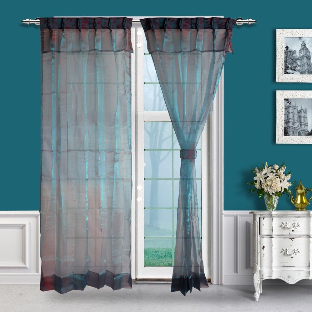 Just Linen Polyester Pair of Blue and Red 2 Tone Pleated Sheer Curtains with Skirt