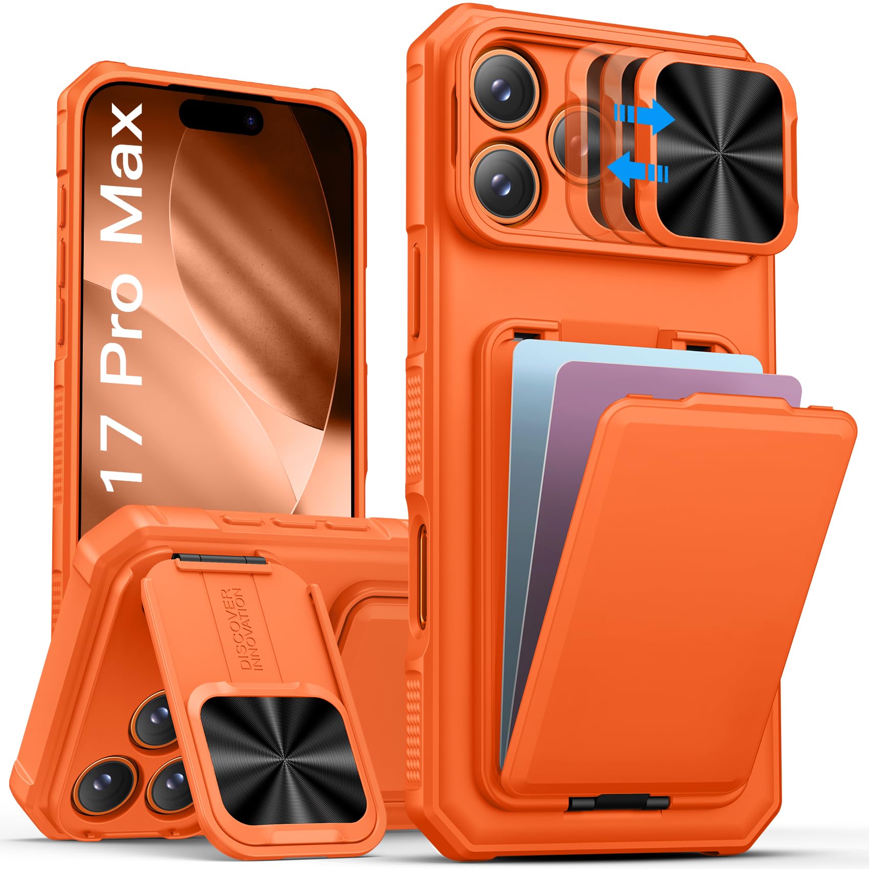 Photo 1 of SSLOTSCASE for iPhone 17 Pro Max Case with Card Holder & Camera Stand & Kickstand & Slide Camera Lens Cover & Wallet, Military-Grade Heavy Duty Phone Case Cover for iPhone 17 Pro Max 6.9'', Orange