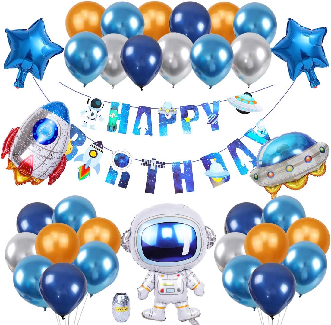 Outer Space Birthday Party Decorations Supplies, Rocket Astronaut UFO Balloons Universe Solar System Happy Birthday Banner for Boys Hanging Decor Kit