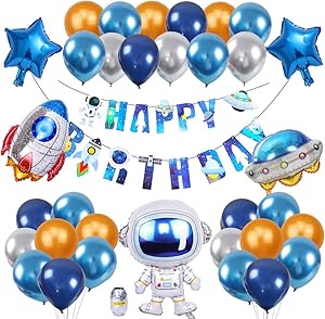Outer Space Birthday Party Decorations Supplies, Rocket Astronaut UFO Balloons Universe Solar System Happy Birthday Banner for Boys Hanging Decor Kit