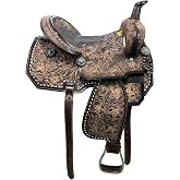 EVERHOOF Leather Western Horse Barrel Saddle with Matching Tack Set Headstall Girth Breast Collar and Reins Hand Tooled Cowboy Saddle (10" to 18")