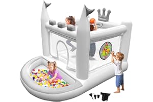 Easyair Inflatable Bounce House for Kids Ages 3-8, 5 in 1 Small Bouncy Castle Outdoor, Jumper, Ball Pit, Basketball Hoop, Rings, Target Game Pump Included, White