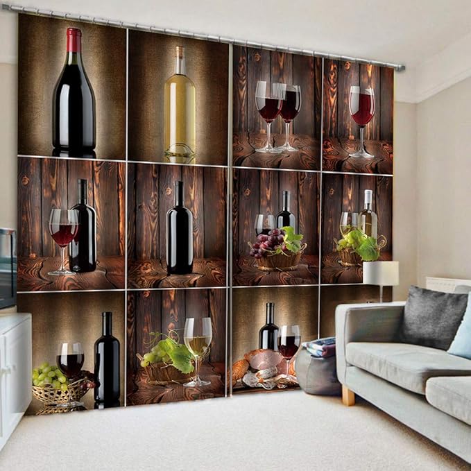 KRWHTS Wine Kitchen Curtains, Wine Themed Collage on Wooden
