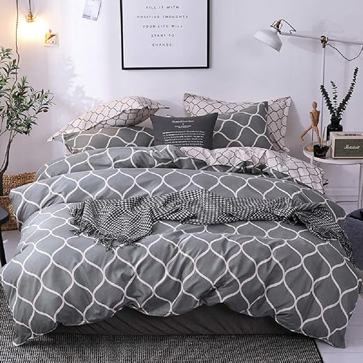 Grey Geometric Bedding Comforter Cover Set Queen Reversible