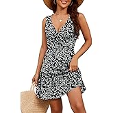 Naggoo Womens Sundresses Mini Summer Dress Sleeveless Floral Dresses Sexy Wrap V Neck Tank Dress