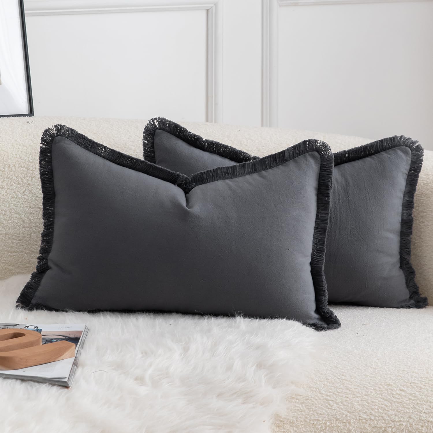 Mandioo Set of 2 Neutral Cotton Fringe Cushion Covers 30x50 cm 12x20 inch Decorative Boho Farmhouse Throw Pillowcase Cozy Tassels for Couch Sofa Bedroom Living Room Home Decor Gray
