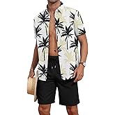 YTD Men's 2 Piece Outfits Tropical Print Short Sleeve Button Down Hawaiian Shirt and Beach Shorts Set