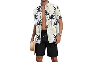 YTD Men's 2 Piece Outfits Tropical Print Short Sleeve Button Down Hawaiian Shirt and Beach Shorts Set