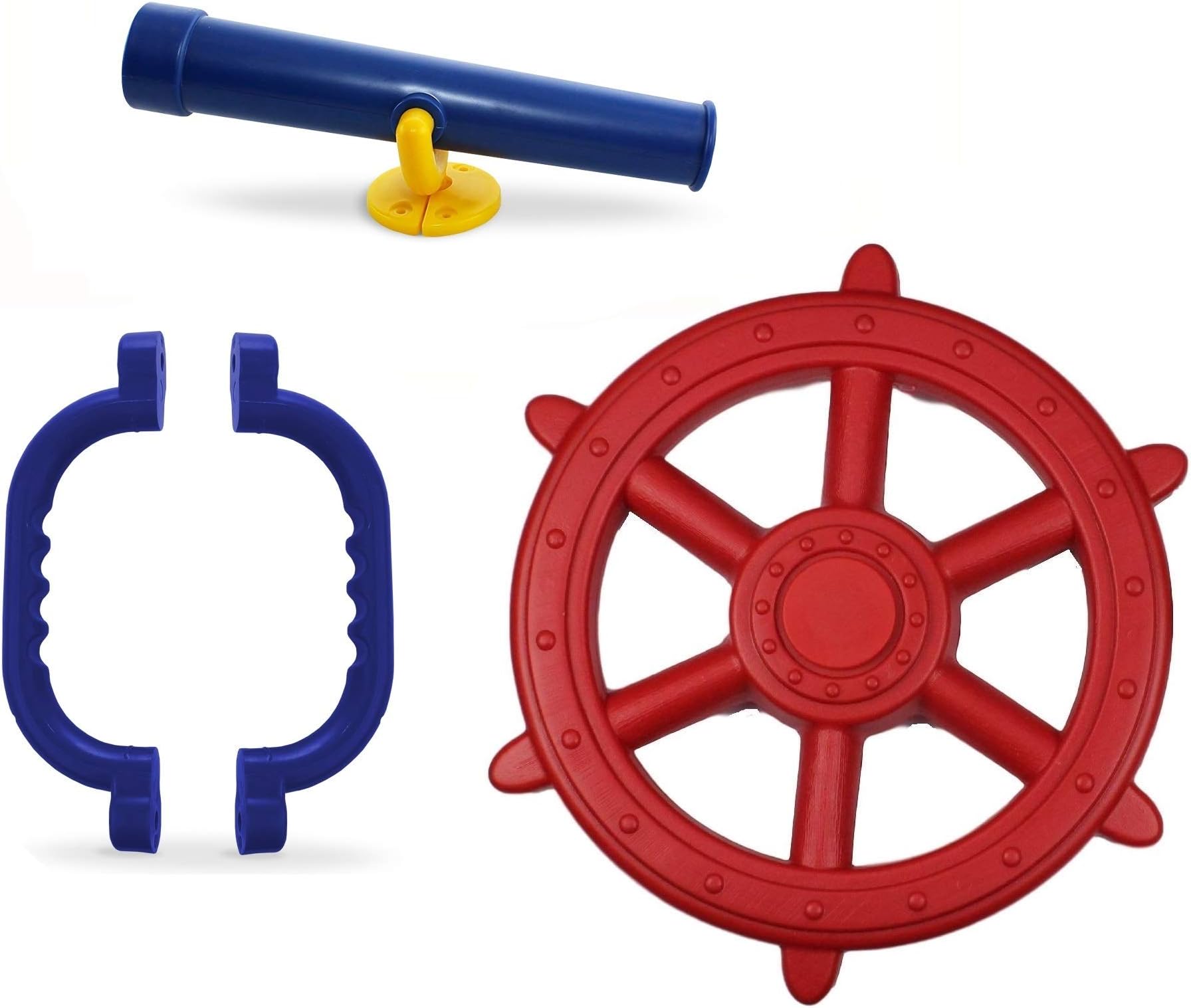 HIKS Products Red Kids Toy Climbing Frame Accessory Bundle Telescope, Pirate Wheel and Climbing Handles also Suitable for Tree Houses, Childrens Play Houses and Dens