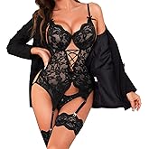 GIEAUAU Sexy Lingerie for Women Naughty Lingerie Set with Garter Belt Lace Bodysuit Teddy Baby Dolls Panty