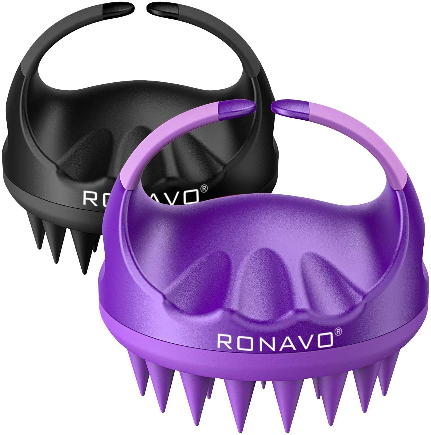 RONAVO Shower Scalp Brush, Silicone Bristles Manual Hair Washing Brush Scalp Exfoliator Brush for Dandruff, 2 Pack Head Scrubber for All Hair Types (Purple & Black)