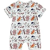 Dewadbow Newborn Infant Baby Boy Girl Clothes Baseball Print Short Sleeve Jumpsuit One Piece Romper Bodysuit Game Day Outfit