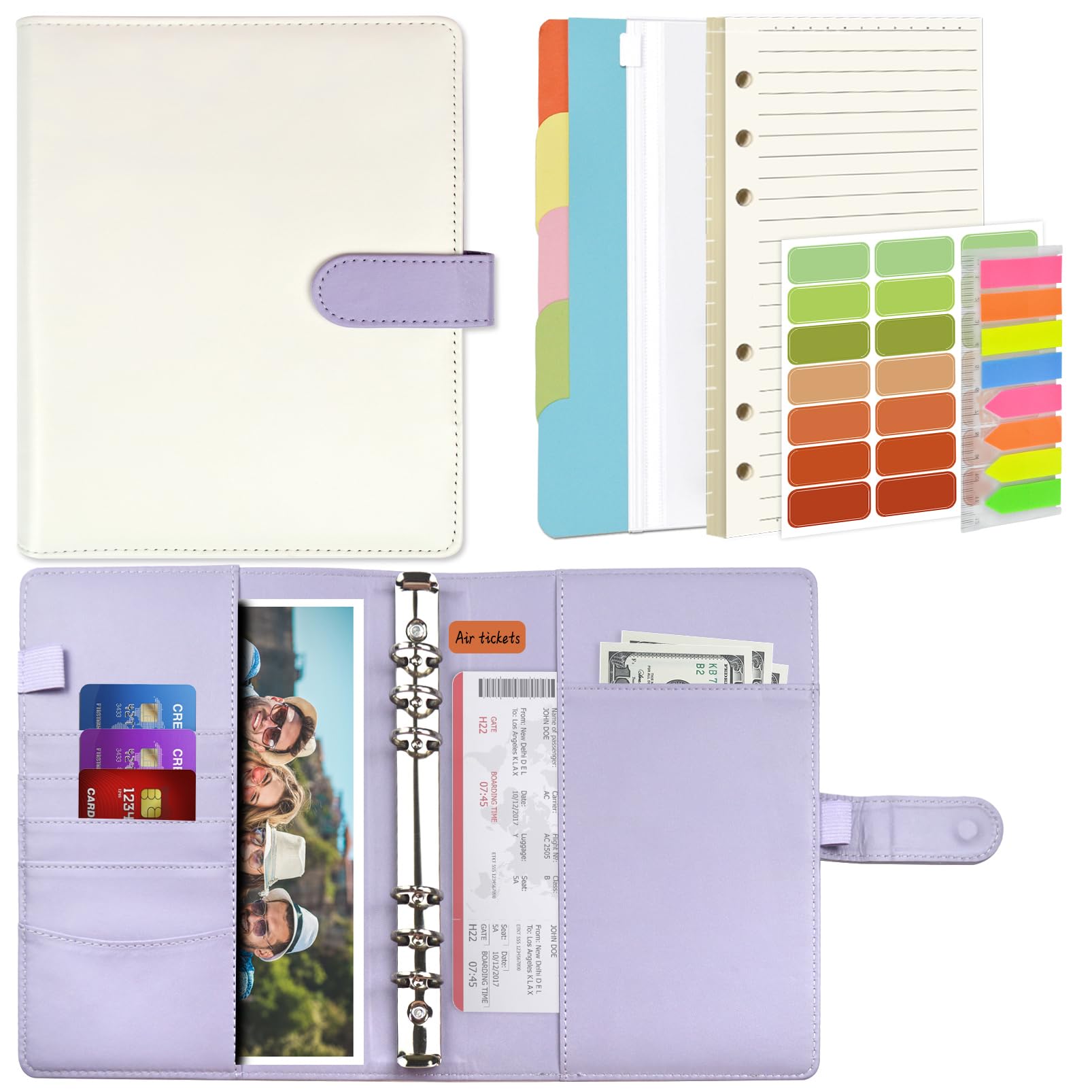 Mlife A5 Notebook Binder Set - 6 Ring PU Leather Planner,5 PCS File Divider,45 Sheets A5 Loose Leaf Paper,Label Stickers,Index Tabs and Clear Cash Envelopes,Personal Organizer Binder（White）