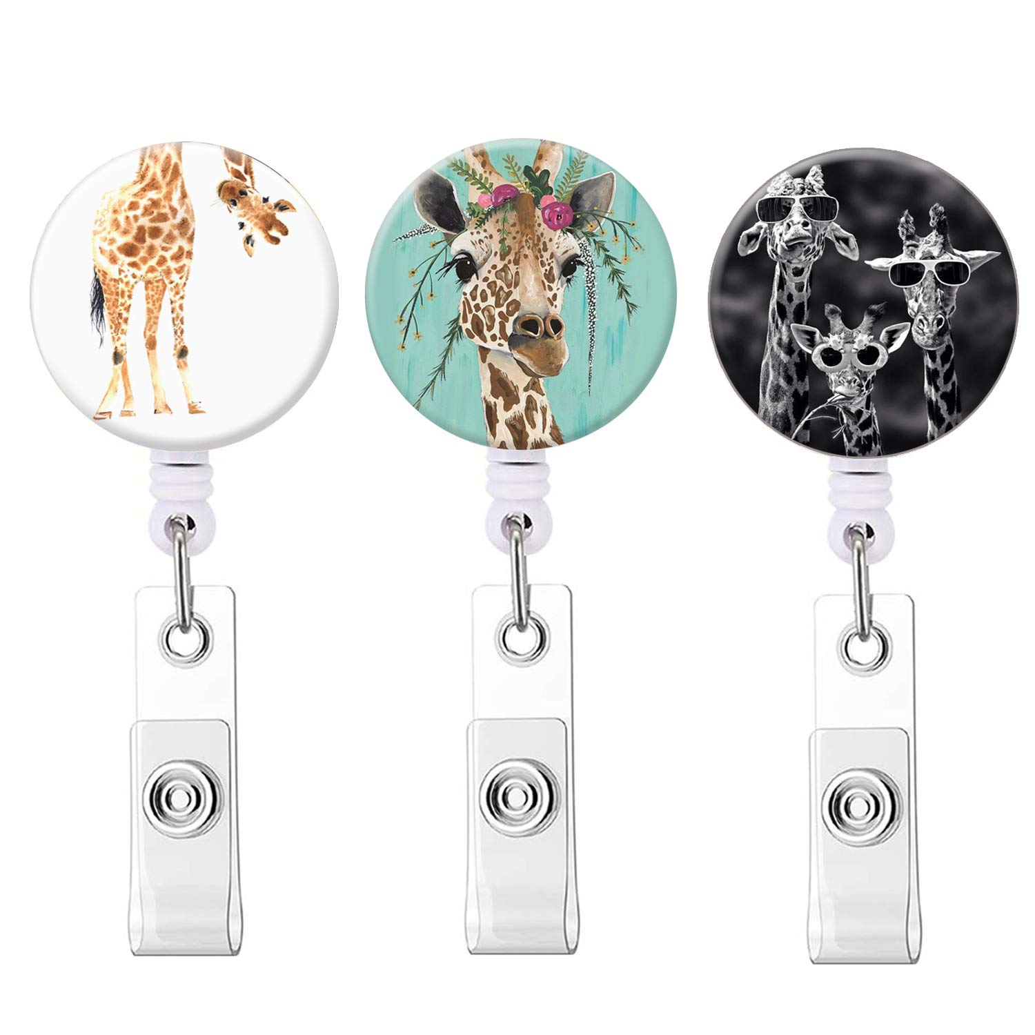 Nurse Badge Reel Retractable ID Badge Holder Reels with Alligator Clip Name Decorative Badge Reel Clip on Card Holders Cool Cute Giraffe - 3 Pack