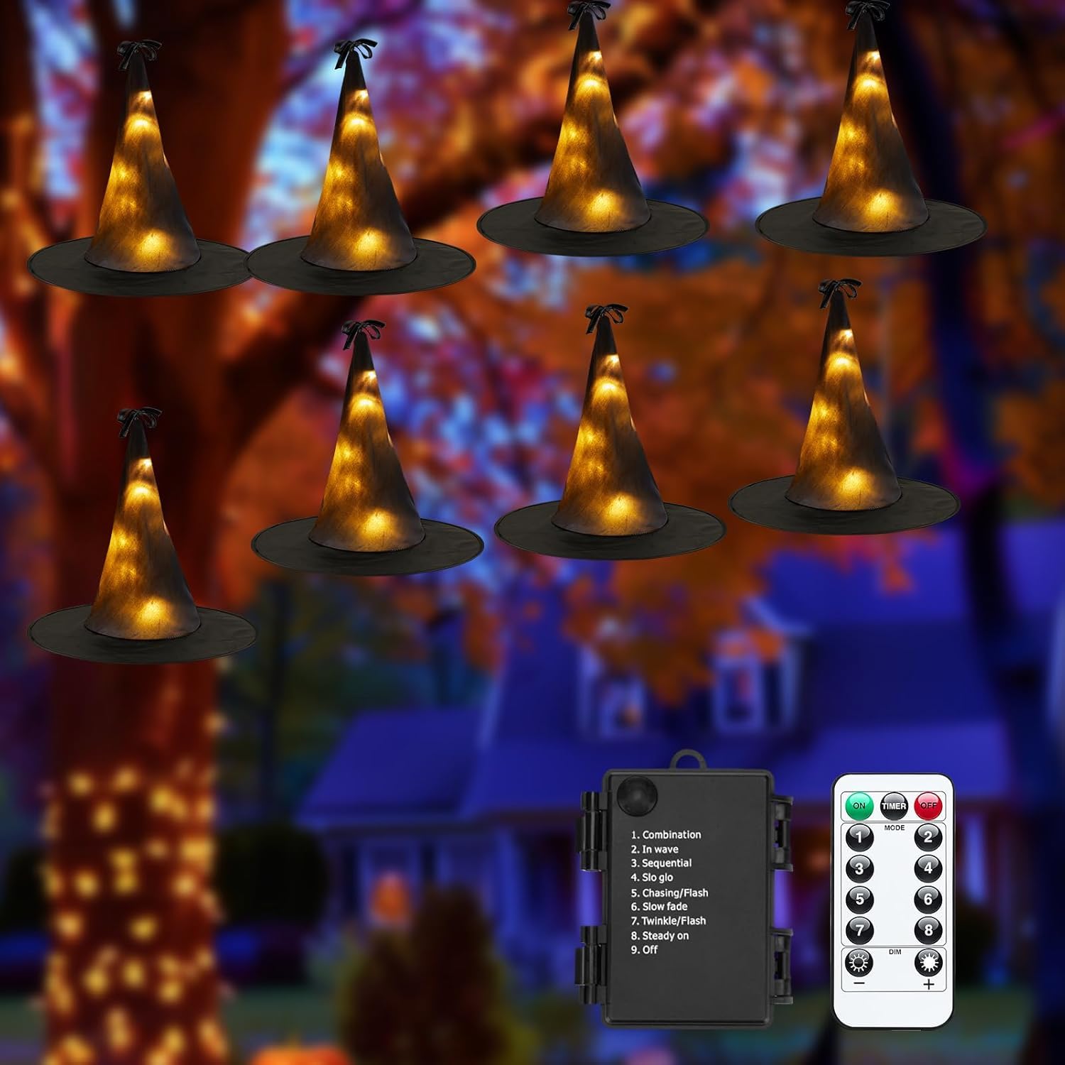 Photo 1 of Minetom Halloween Decorations Lights Witch Hat, 8PC 56 LED Black Light Up Witch Hat, Hanging Witch Hat Lights with Remote, 8 Lighting Modes, Halloween String Lights for Outdoor Indoor Tree, Warm White