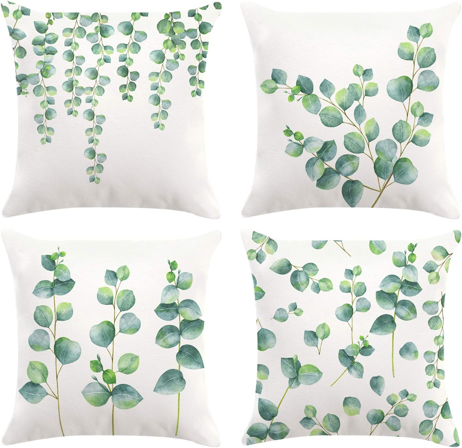 Bonhause Eucalyptus Leaves Cushion Covers 18 x 18 Inch Set of 4 Green Plants Decorative Throw