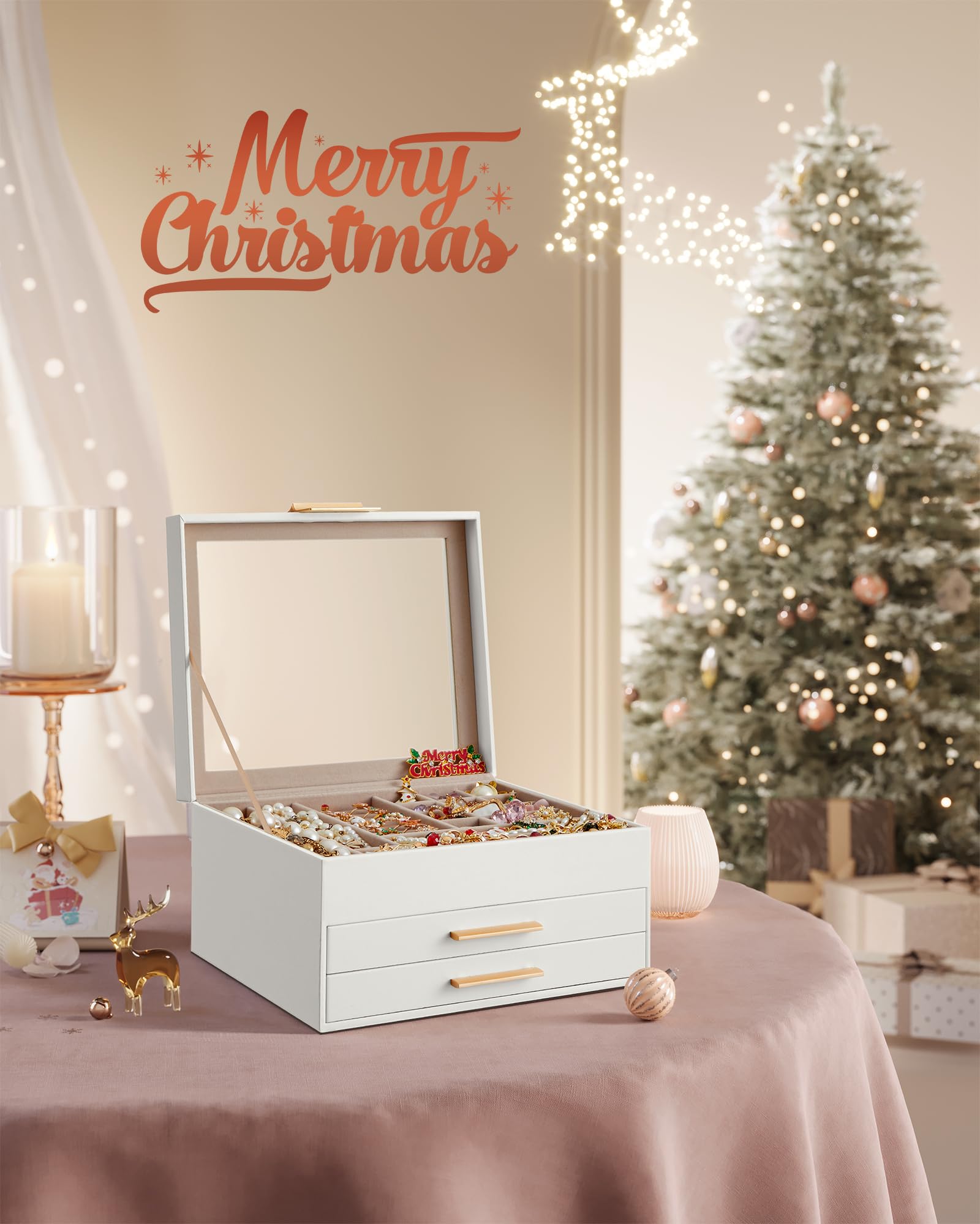 SONGMICS SONGMICS Jewelry Box Organizer with Glass Lid, 3-Layer Jewelry Storage, with 2 Drawers, Modern Style, Christmas Gift, 8 x 9.1 x 5.3 Inches, Cloud White and Gold Color UJBC239WT
