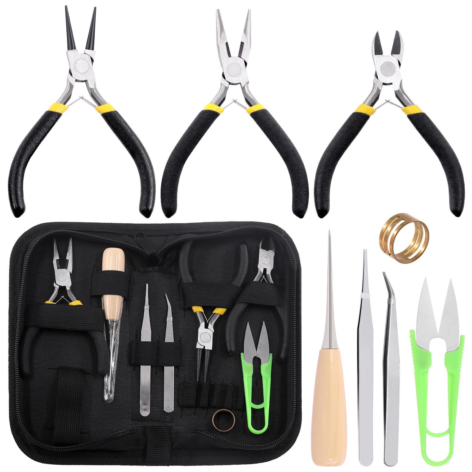 Tanstic 9Pcs Jewelry Making Tools Kit, Includes Chain Nose Pliers, Round Nose Pliers, Wire Cutter, Straight & Bent Tweezers, Jump Ring Opening Tool, Awl, Scissor with Storage Pouch for Jewelry Repair