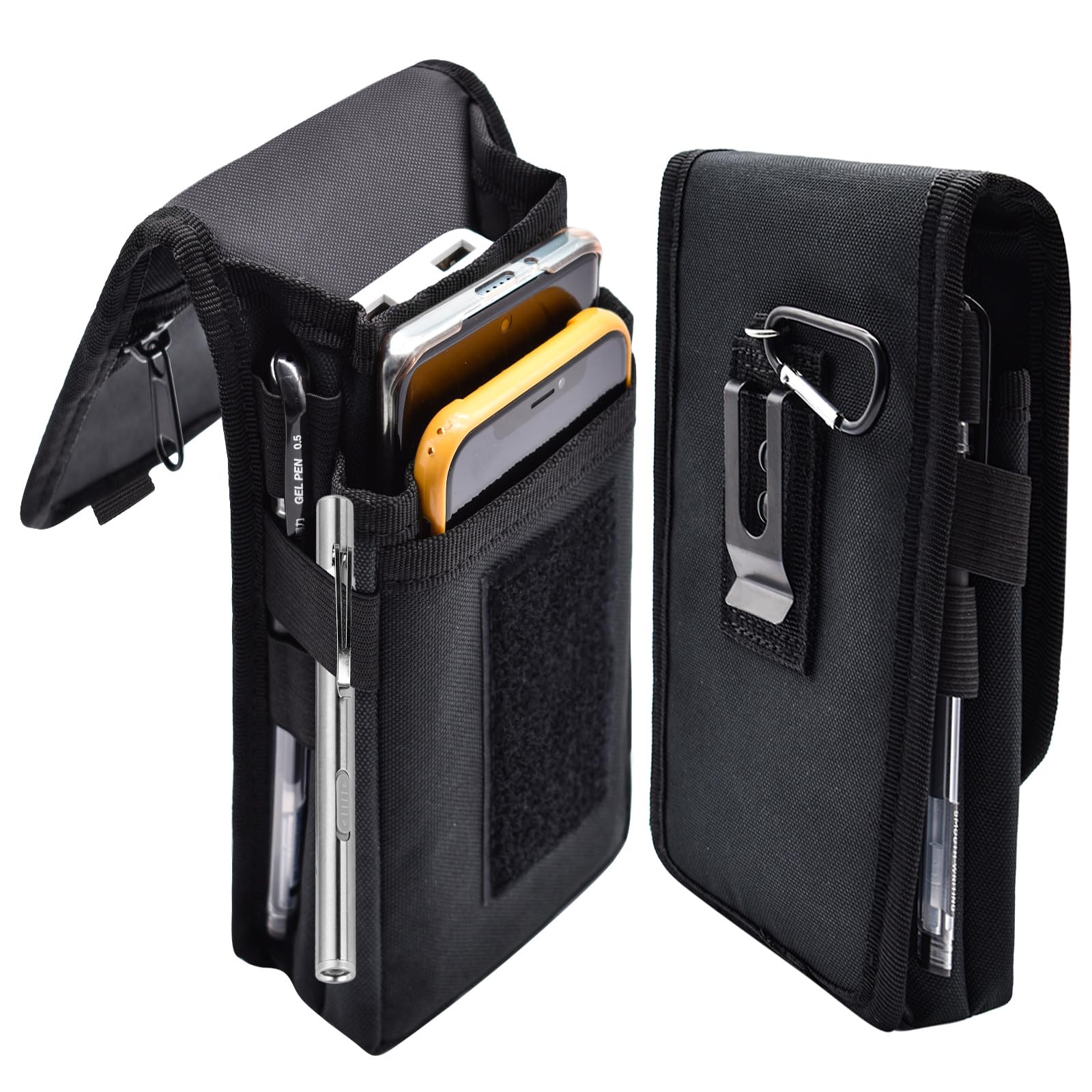 Prebene Dual Phone Holster, Belt Phone Pouch, Large Smartphone Holder, Multi-Purpose Tactical Phone Pouch, Cell Phone Holder for Work, Hiking, Camping, Barbecue (Black, XL)