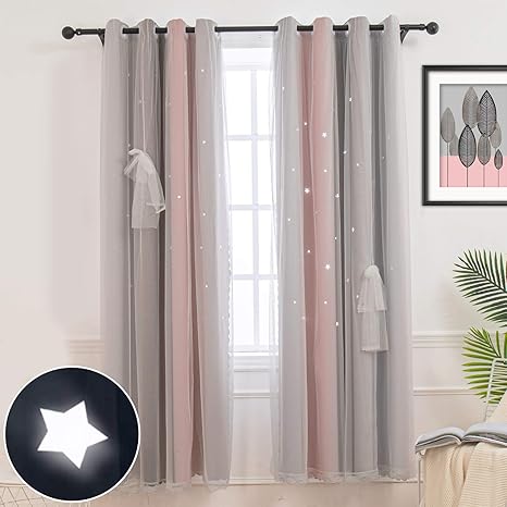 Hughapy Star Curtains Stars Blackout Curtains For Kids Girls Bedroom Living Room Colorful Double Layer Star Cut Out Stripe Window Curtains 1 Panel 52w X 84l Pink Grey Amazon Ca Home Kitchen