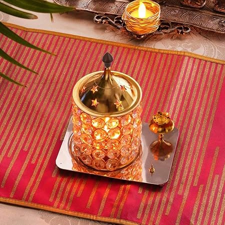 Collectible India Crystal Akhand Diya Decorative Brass Oil Lamp with Incense Agarbatti Stand Tea Light Holder Lantern Festival Pooja Gifts Decoration