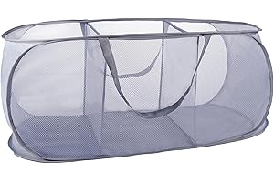 XIAYAN collapsible Mesh Popup laundry basket，3 Compartments-Laundry Hamper with Strong Handles ，Easy to Open and Fold for Dorm, Laundry Room, Bedroom, RV (Gray)…