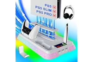 PS5/Slim/Pro Stand and Cooling Station with RGB Controller Charging Station for PlayStation 5 Console, PS 5 Controller Charge