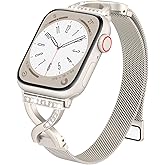 BRG Thin Mesh Loop Compatible with Apple Watch Bands for Women 44mm 45mm 46mm Series 11 10 9 8 7 6 5 4 3 2 1 SE, Metal Magnetic Stainless Steel Strap with X-Shape Diamond Clasp for iWatch Bands
