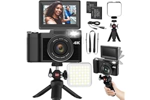 NOVZZOVAZ Digital Camera 4K 48MP Camera for Photography with Flip Screen Autofocus Vlogging Camera for YouTube with Selfie Light, Mini Tripod Accessories, Two Batteries