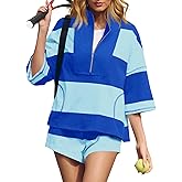 Fisoew Womens 2 Piece Outfits Summer Striped Sweatshirt Workout Shorts Sets Matching Lounge Set Tracksuits