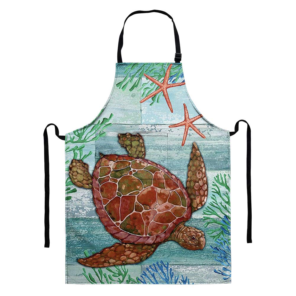 HUGS IDEA Sea Turtle Polyester Lengthen Kitchen Apron - Mens and Womens Linen Bib Apron - Adjustable with Pockets - Inspired by Professional Chefs