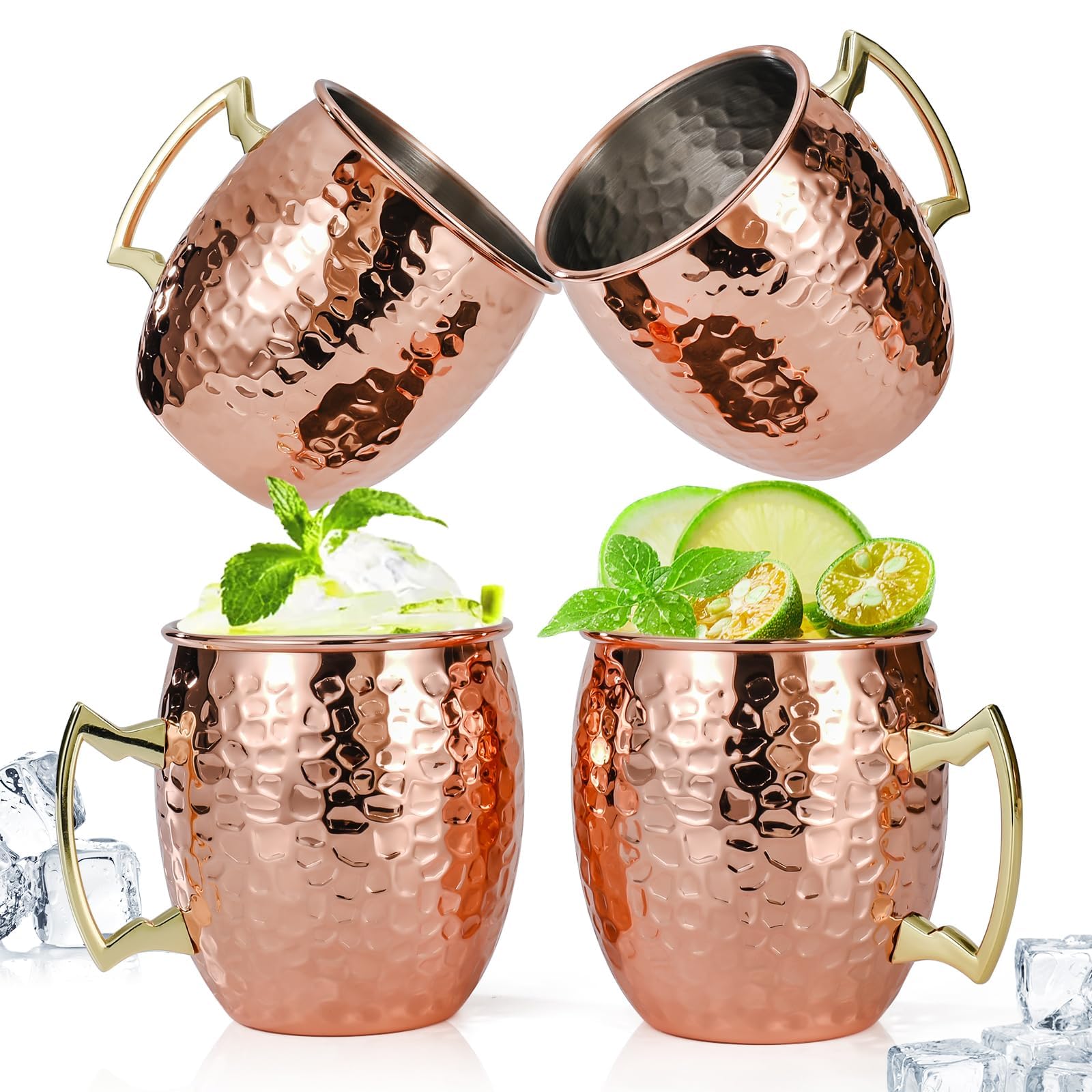 PR International Copper Moscow Mule Mugs Set of 4 Steel Copper Hammered Look Moscow Mule Mug 18oz Perfect for Any Chilled Beverage