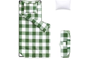 Wake In Cloud - Cot Nap Mat with Pillow and Blanket, for Toddler Kids Boys Girls in Daycare Kindergarten Preschool Pre K with Elastic Corner Straps, Buffalo Check Plaid, Olive Green White