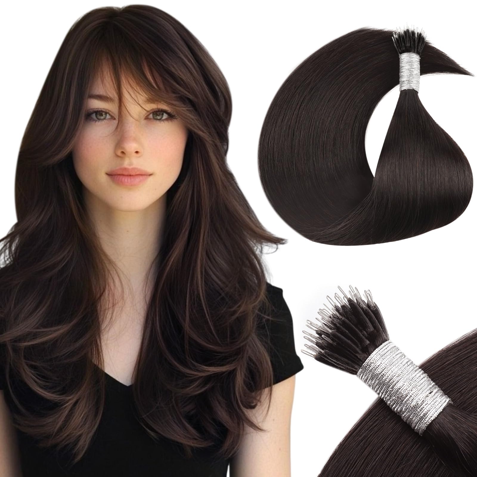 Yuniffe Nano Hair Extensions Real Human Hair Dark Brown Nano Ring Hair Extensions Remy Straight Nano Beads Hair Extensions Natural Long Straight 20 Inch 50g/50s