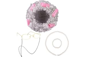 URATOT 5 Pieces Halloween Old Lady Wig Costume Set Grandma Wig Hair Rollers Glasses Chain Necklace Bracelet