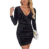 Darupo Women’s Sequin Velvet Wrap V Neck Mini Bodycon Dress Elegant Long Sleeve Party Club Cocktail Dresses