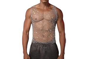 FEOYA Rhinestone Mens Tank Tops Sheer Mesh See Through Fishnet Sparkly Rave Outfit Festival Crop Shirt Sexy Club Party