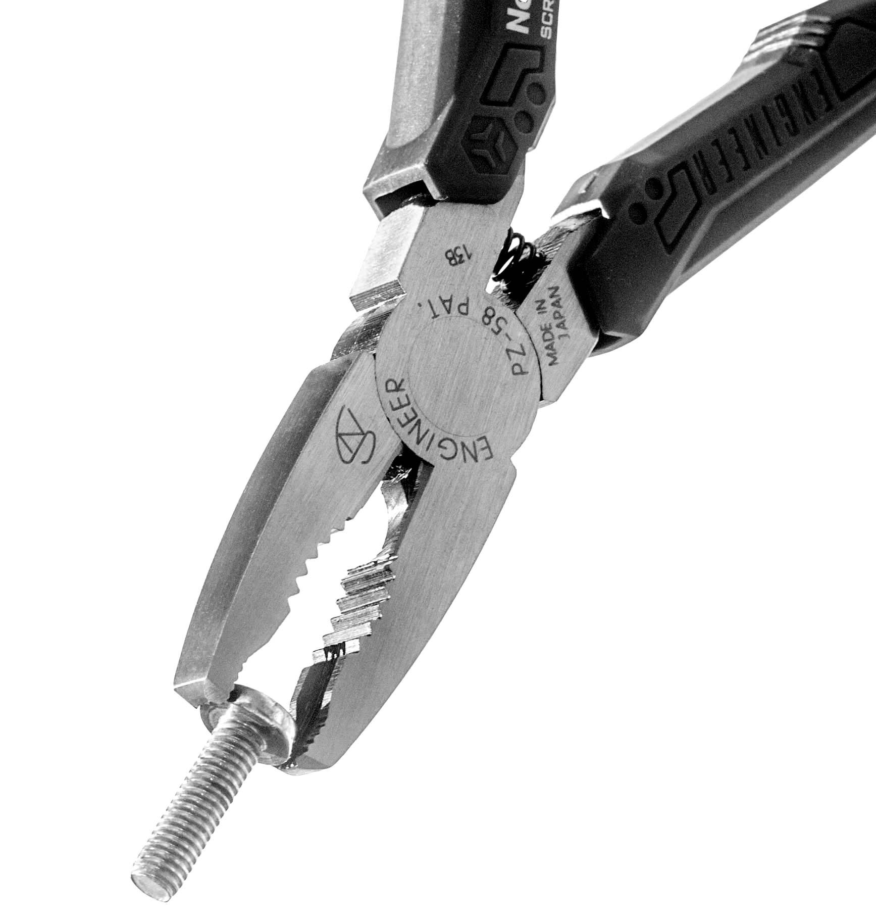 Screw Removal/gripping Pliers (Combi Style) with Unique Non-Slip Jaws for Quickly extracting Damaged Screws (Black Grips). Made in Japan. ENGINEER pz-58 GT neji-Saurus