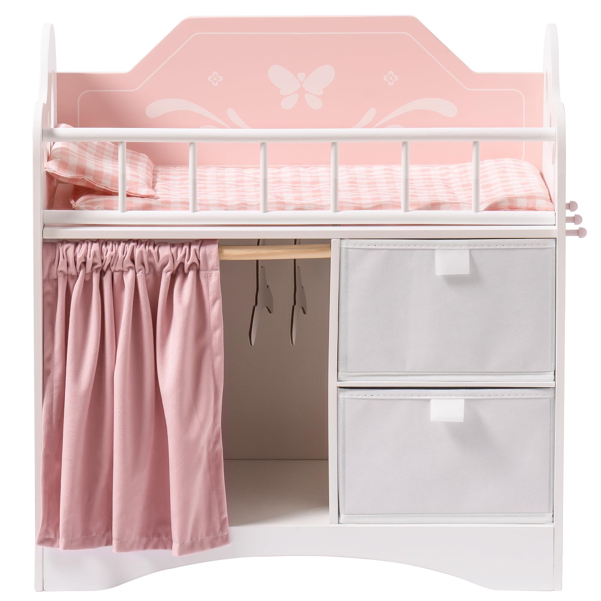 ROBUD Baby Doll Bed with Wardrobe, Wooden Dolls Cot Toy with Bedding, Storage & Hooks, Doll Accessories Furniture Crib Fits Dolls up to 22", Gifts for Girls Boys Age 3+ (Pink)