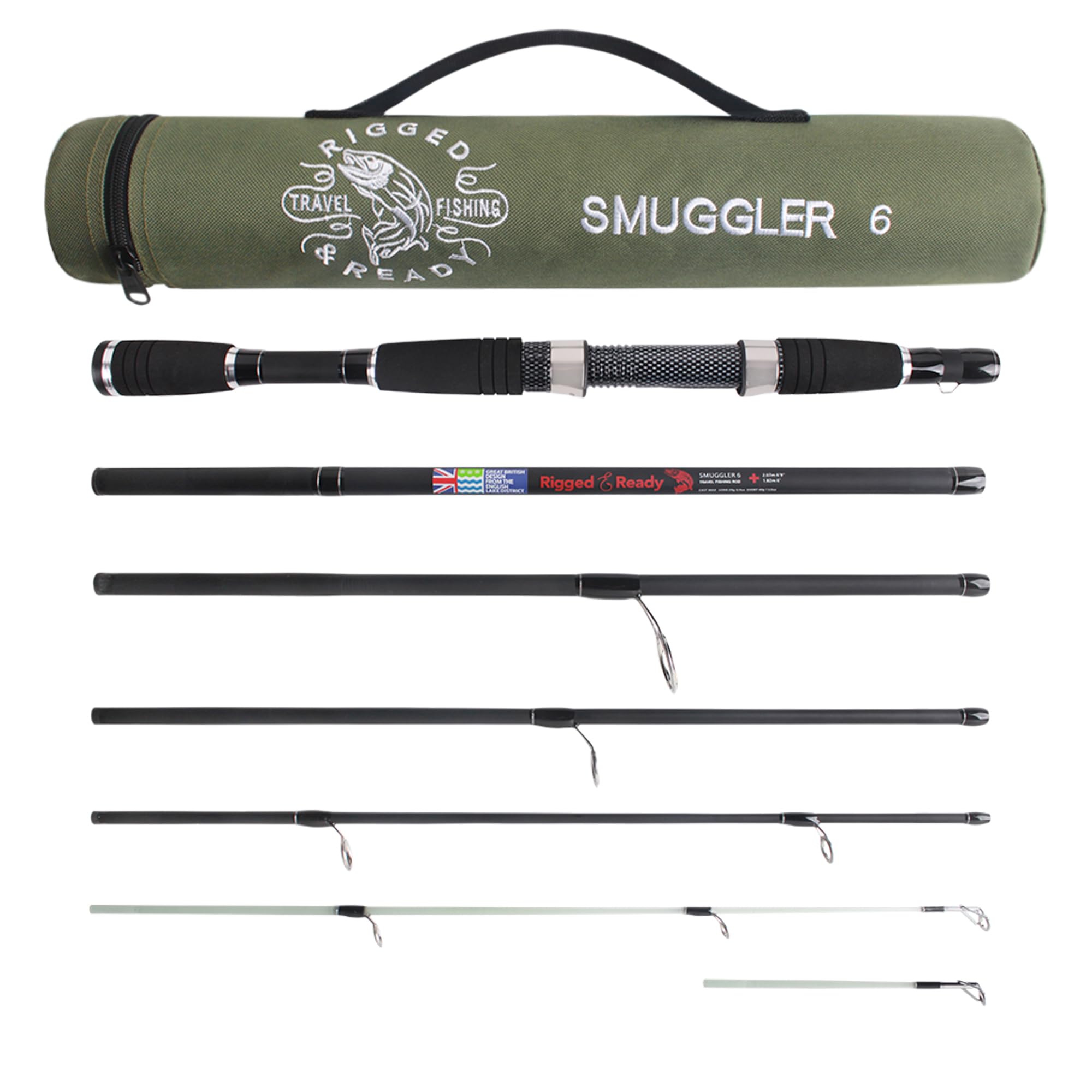 Rigged and Ready Smuggler 6 Travel Fishing Rod & Case. Compact medium length 7.3’ (215cm) rod, with 2 tips, for spin and general fishing. For fish up to 10lbs (5kg)