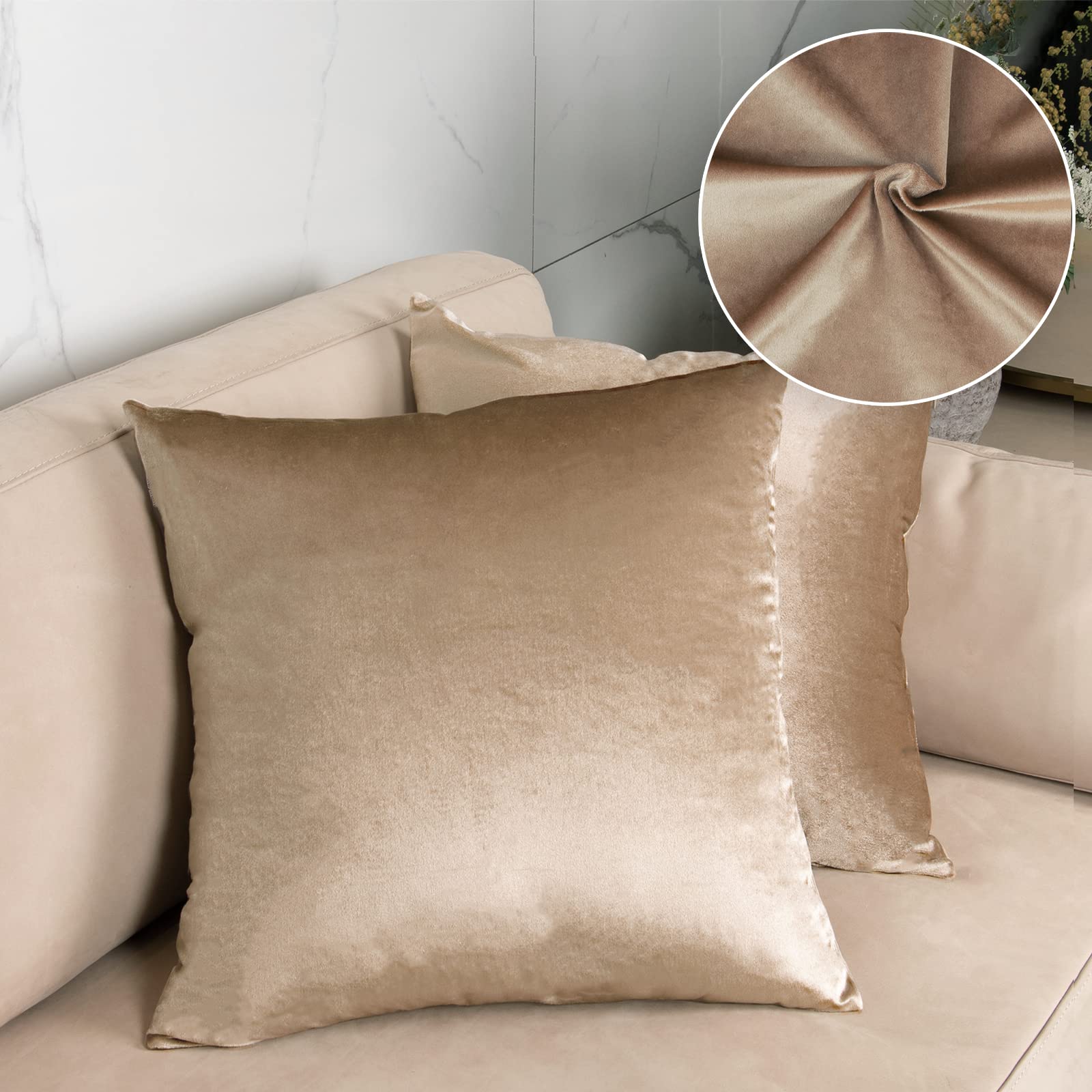Photo 1 of GuildreyTex Throw Pillow Covers, Cozy Velvet Square, Soft Solid Decorative Cushion Pillowcases for Couch, Bed and Car, 20 x 20 Inches, Goden Brown, Pack of 2