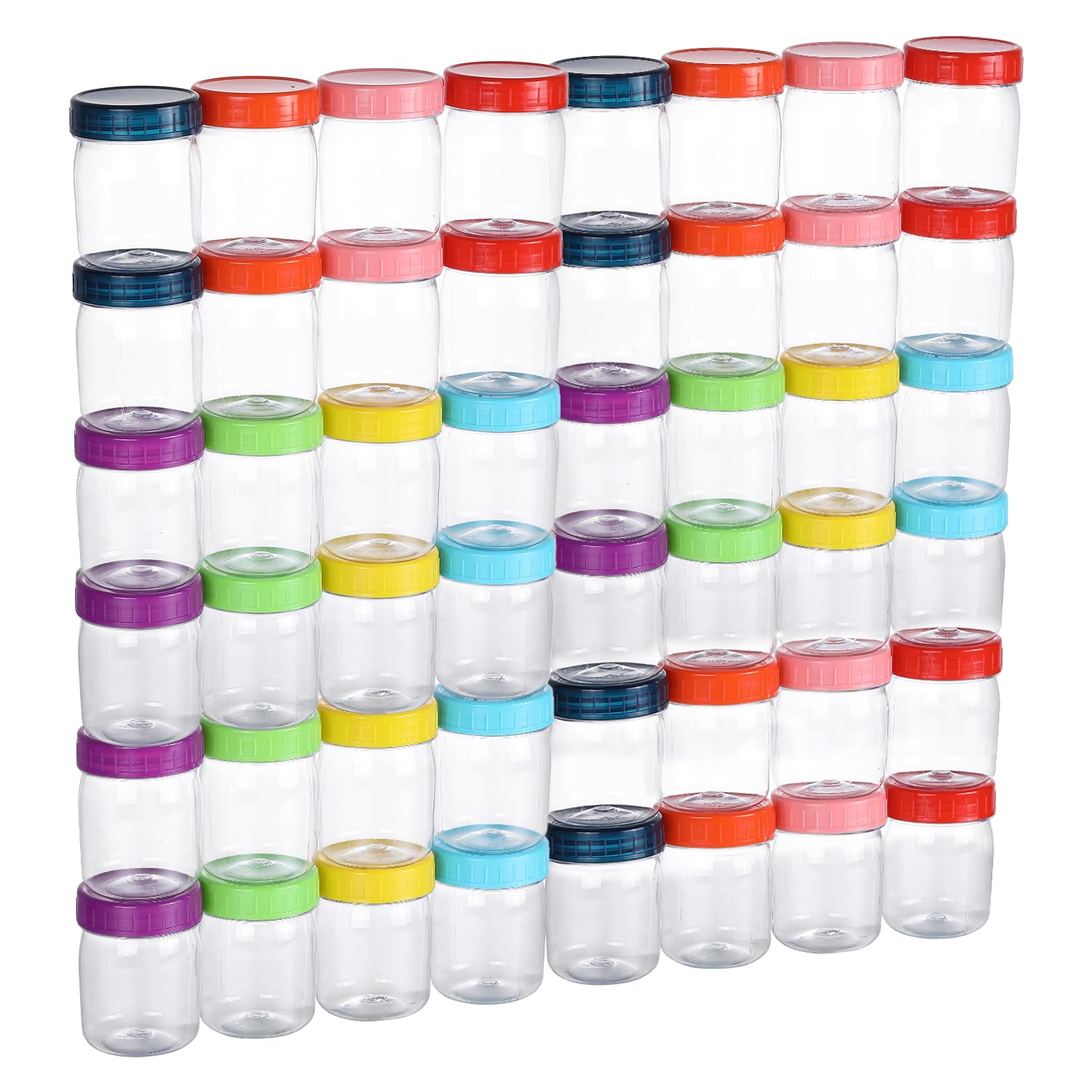 Photo 1 of novelinks 8oz Plastic Jars With Lids Colorful Lid Mason Jars 48Pack 8 oz Plastic Containers With Lids For Diy Food Milkshake Salads Snake Jams Spices (48)