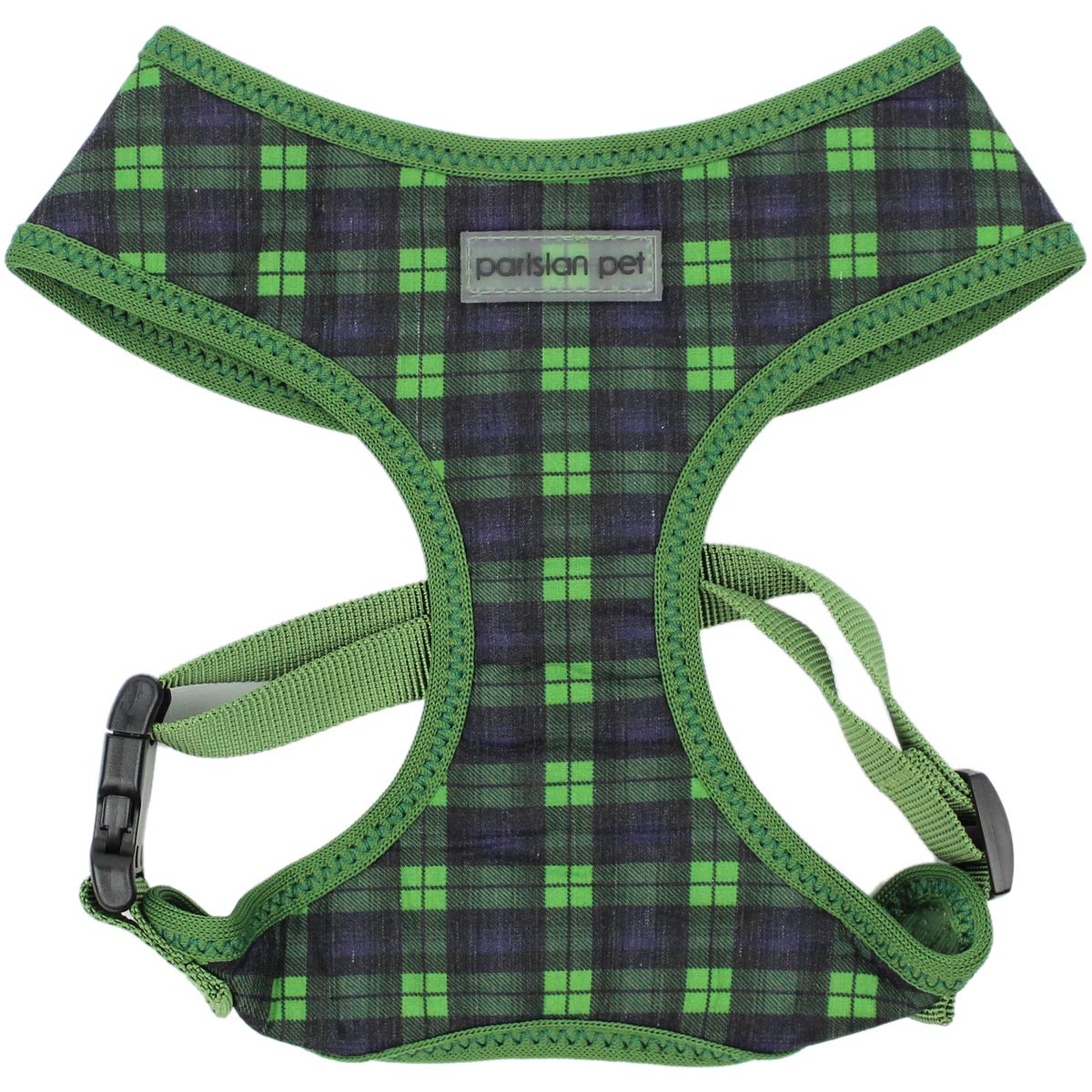 Parisian Pet Dog Cat Harness Step-in Vest, Plaid, Camo, Leopard, Polka Dot Dress (M, Plaid Green)