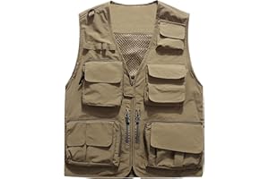 Flygo Men's Casual Lightweight Outdoor Fishing Work Safari Travel Photo Cargo Vest Jacket Multi Pockets