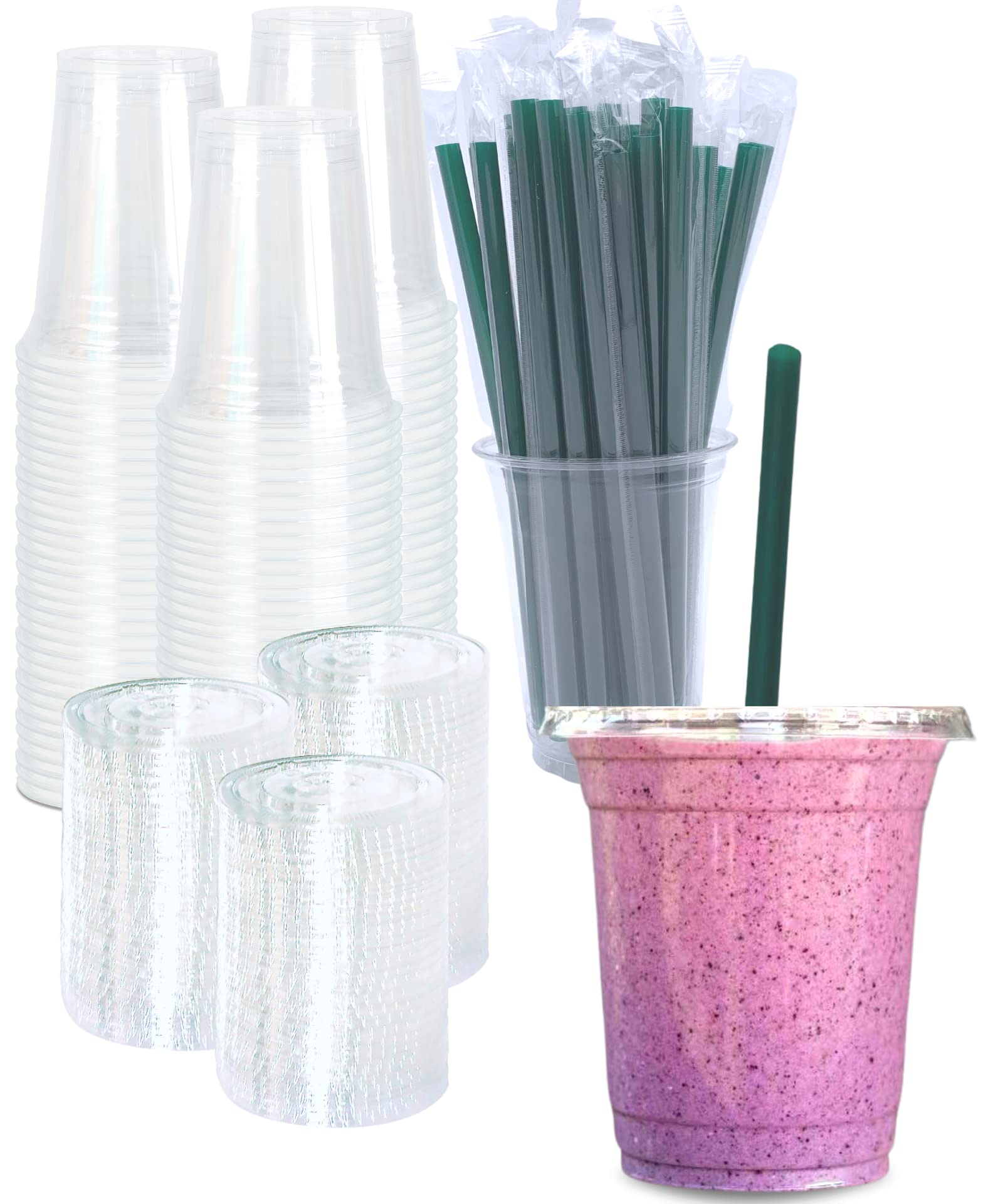 Photo 1 of [100 SETS] 12 oz Clear Plastic Cups with Lids and STRAWS, Disposable Iced Coffee cups with lids, Clear Cups with Lids for Cold Drinks, Iced Tea, Milkshakes, Smoothies