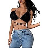 Verdusa Women's Furry Fuzzy Lace Up Halter Top Rave Party Date Night Micro Crop Tops